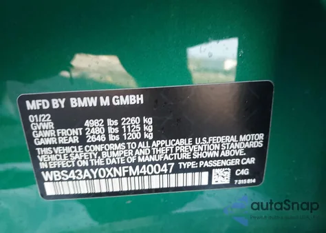 2022 BMW M3 Competition xDrive z USA, uszkodzony, nr VIN WBS43AY0XNFM40047